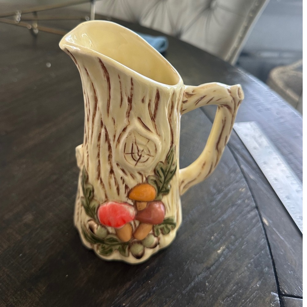 Vintage Ceramic Tree Trunk Pitcher Woodland Mushroom Oak Leaf Acorn Faux Bois‎
